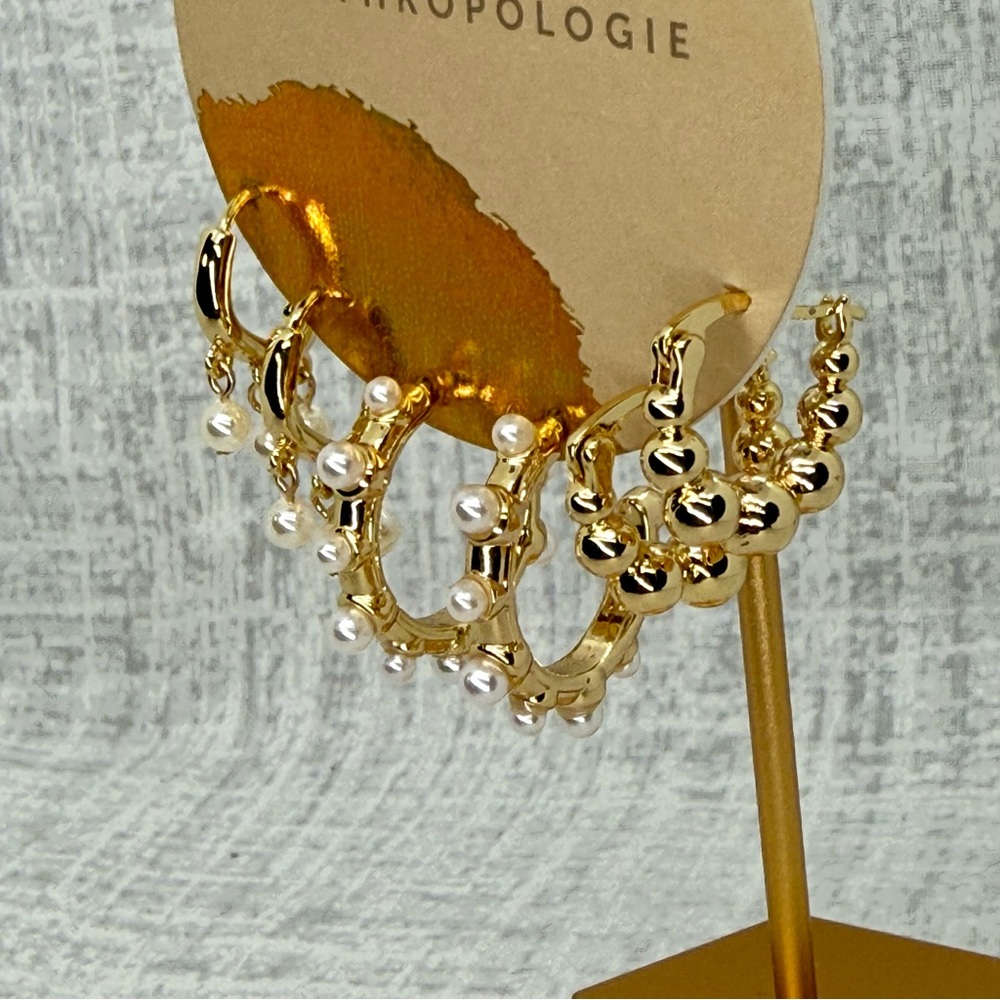NWT Anthropologie 14k Gold Plated Mini Pearl Hoop Earring, Set of 3 - Picture 3 of 5